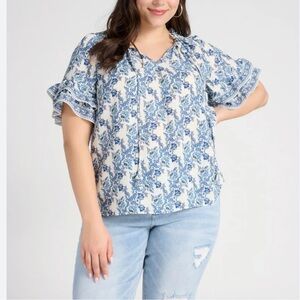 Max Studio NWT Floral White Blue  Butterfly Ruffle Short Sleeve Tie Neck Top 2X